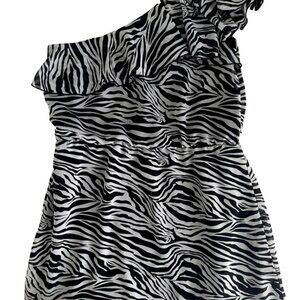 women Mini Dress One Shoulder Ruffle size S Zebra black and white